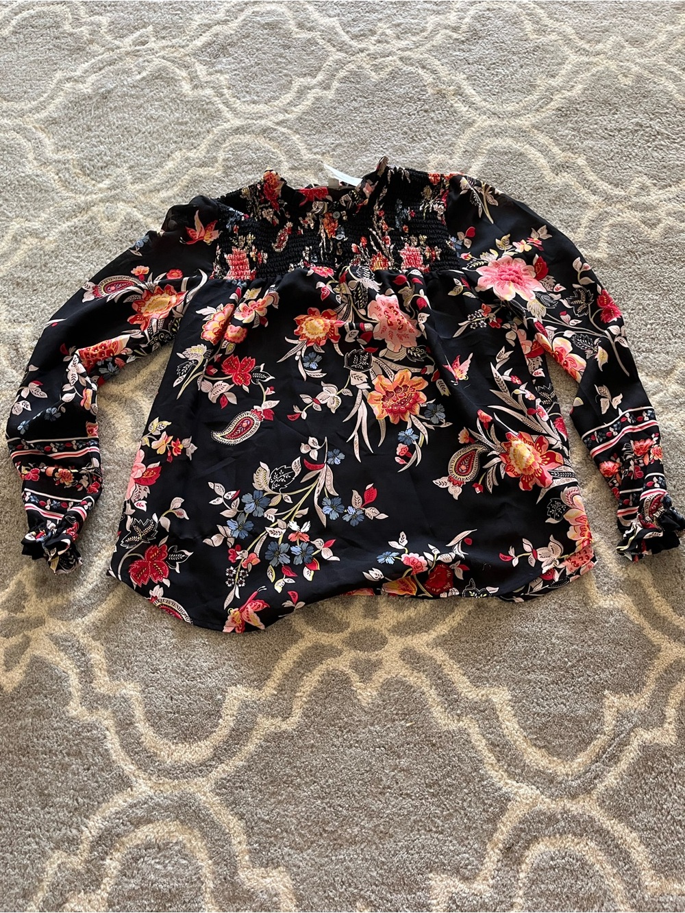 LOFT Black Floral Ruffle-Neck Blouse